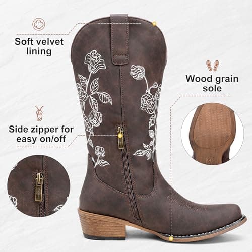 Jeossy Women's Whisky Western Cowboy Boots Mid Calf Embroidery Flower Cowgirl Boots with Low Heel Side Zipper 9807 Comfy Round Toe Country Music Festival Music Rodeo, Size 7(DJY9807 Whisky 07) - Thumbnail 5