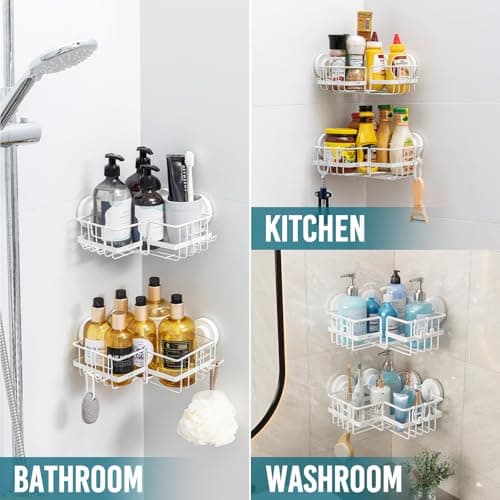 TAILI Corner-adaptive Suction Cup Shower Caddy 2 Pack, Stainless Steel Rustproof Corner Shower Shelves, Drill-Free Wall Mounted Baskets, Large Capacity Removable Suction Cup Bathroom Organizer, White - Thumbnail 6