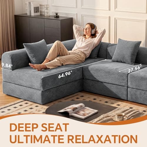 ceamorfco 112 Inch Modular Cloud Couch Sectional with 4 Pillows, Corduroy 4-Seat Convertible Sofa Bed for Living Room, Deep Seat Floor Sofa, High-Density Foam Modular Sectional Sofa, Grey - Thumbnail 5