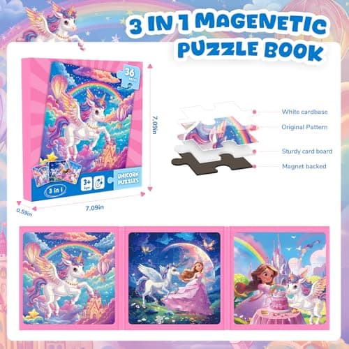 Magnetic Jigsaw Puzzles for Toddlers Kids 3-8 Girls,(3 36-Pieces) Travel Puzzles Toys for Kids Ages 4-6,Take-Along Car Airplane Road Trip Activities Game for 3 4 5 6 7 8 Year Old Birthday Gift - Thumbnail 2