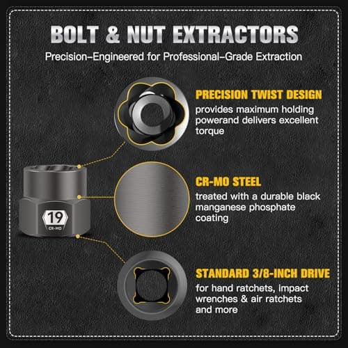 Mr.wintek 27-Piece Bolt Extractor kit, Easy Out Screw Extractor Set with Left Hand Cobalt Drill Bits, Hex Adapter, 1/2" F to 3/8" M Reducer for Broken, Damaged, Rusted, Rounded-Off Bolts, Nuts - Thumbnail 3