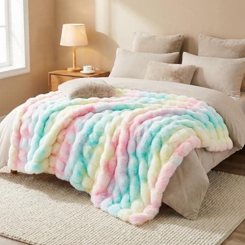 DREAMNINE Soft Faux Bubble Rabbit Fur Blanket Full Size, Thick Cozy Decorative Colorful Warm Fuzzy Fur Blanket for Bed Couch Sofa Chair Bedroom Living Room Dorm Gift, 70 * 80 Inches, Rainbow - Image 1
