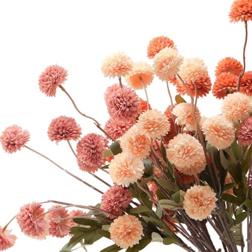 trytuny Fake Fall Flowers for Vase, Faux Silk Kiku Mums, Artificial Pom pom Floral Bouquets Indoor Centerpiece Office Coffee Table Boho Home Decorations (9, Mixed Orange) - Thumbnail 4