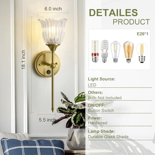 BOXCUPIN Modern Wall Sconces with Clear Flower Glass Shade 1 Pack, Mid Century Bathroom Vanity Wall Light Fixtures Gold Vintage Wall Lights with Switch for Mirror Bedroom Living Room - Thumbnail 5