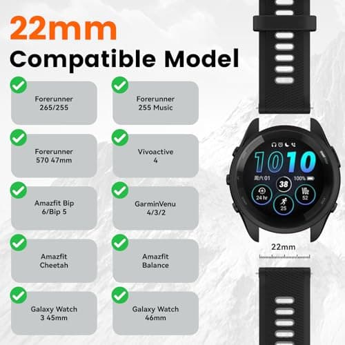 Velocarer Watch Band for Garmin Forerunner 265/Forerunner 255/Vivoactive 4/Venu 3/Venu 2, 22mm Quick Release Silicone Sport Bands, Black & Gray - Thumbnail 2