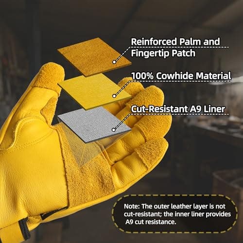 Schwer ANSI A9 Cut Resistant Leather Work Gloves, PM3401 Cut Proof Gloves, Reinforced Fingertips & Palm Cowhide Work Gloves for Construction, Welding, Metalwork, Woodwork & Outdoor Gardening Work, M - Thumbnail 2