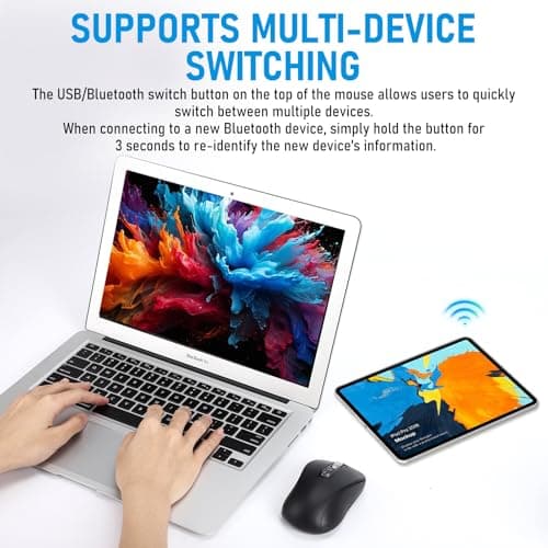 Wireless Bluetooth Mouse, 3-Device Multi-Mode (USB + 2 Bluetooth), 4-Way Metal Scroll Wheel, Adjustable DPI, Silent Click, Long Battery Life, Ergonomic Mouse for Laptop, PC, Mac, iPad (Dark Black, 7) - Thumbnail 6