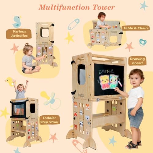 Toddler Tower Foldable, Animal Magnets Learning Kids Kitchen Step Stool, 4-in-1 Toddler Standing Tower with Blackboard, Anti-Tip Safety Feet, Foldable Wooden Helper for Ages 1–4 (CPC Certified) - Thumbnail 6