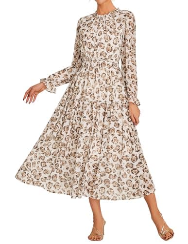 GRACE KARIN Women's Fall Wedding Guest Dresses Long Sleeve Floral Elegant Tiered Long Dress Swing A Line Midi Dress Beige M - Image 1