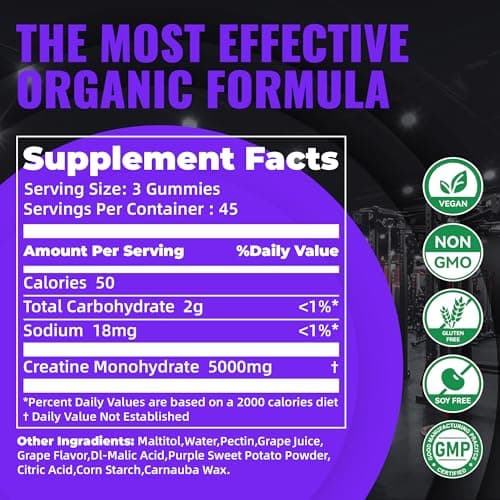 Natures Aid Creatine Monohydrate Gummies – Pre-Workout Energy & Muscle Growth Support for Men & Women | Grape Electrolyte Gummies (135 Count) - Thumbnail 3