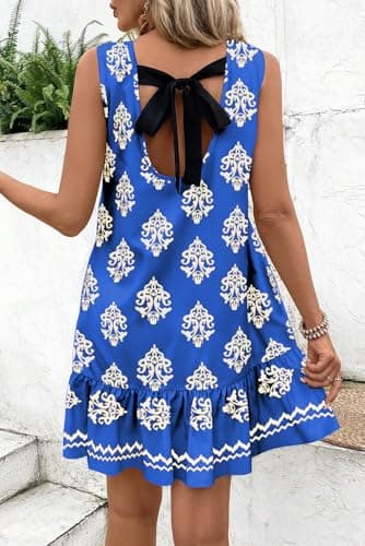 BLENCOT Floral Dress for Women 2026 Vacation Round Neck Sleeveless Casual Spring Ruffle A-line Summer Mini Dress Blue X-Large - Thumbnail 4