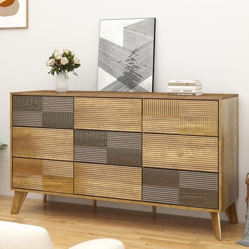 SIDUCAL 9 Drawer Dresser for Bedroom, 55'' W Modern Fluted Dressers TV Stand with Handleless, Wood Tall Dressers Storage Organizer, Wide Chest of Drawers for Bedroom, Dresser for Living Room - Thumbnail 6