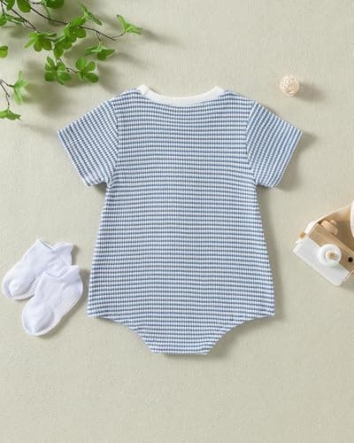 ChuYuKu Baby Boy 1st Birthday Romper Waffle Knit One Short Sleeve Onesie First Birthday Gift Soft Comfortable Bodysuit - Thumbnail 3
