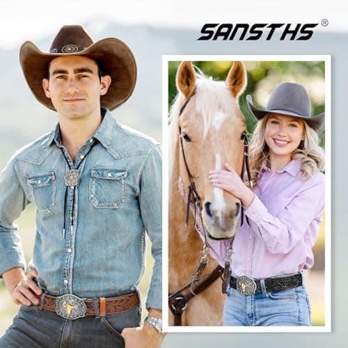 SANSTHS Mens Cowboy Belt Western Bull Buckle Belt for Men Womens Floral Embossed Leather Belts for Jeans, Brown - Thumbnail 6