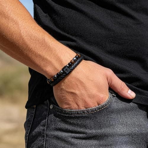 Cross Bracelet for Men Him - Triple Protection Hematite Black Obsidian Tiger Eye Beaded Bracelets, Faith Religious Happy Easter Catholic Christian Communion Baptism Gift Easter Basket Stuffers - Thumbnail 3