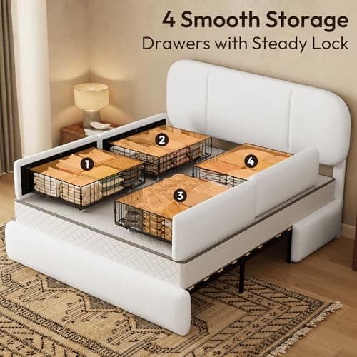 Uteeran Full Size Bed Frame with Storage, Boucle Cloud Bed with 4 Locking Drawers & LED Lights, Modern Upholstered Platform Bed, Plush Sides & Footboard, Adjustable Headboard, No Box Spring, White - Thumbnail 4