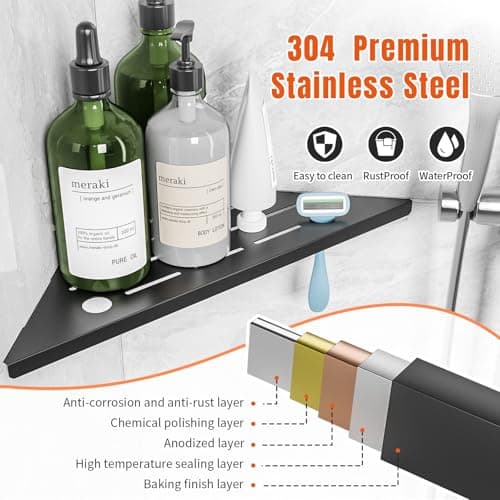 HBXS Corner Shower Shelves with Razor Hole, Modern Sturdy Shower Shelves Corner, 10" 304 Stainless Steel Shower Organizers Corner Shelf for Tile Wall, No Drilling Grout Mount Bathroom Shelf - Thumbnail 4