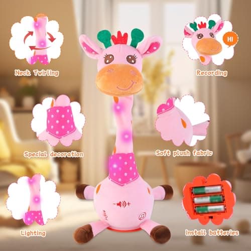 LUKETURE Dancing Talking Singing Pink Giraffe Toy Stuffed Plush, Interactive Stuffed Animal Toy, Musical Giraffe Plush with Record & Repeat, Sings 10 Songs, LED Lights - Thumbnail 4