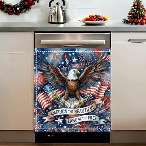 4th of July Decorations Patriotic Dishwasher Magnet Cover 23"x26" - Majestic Bald Eagle & American Flag Kitchen Decor - Land of The Free Fabric Magnetic Refrigerator Panel - Thumbnail 5