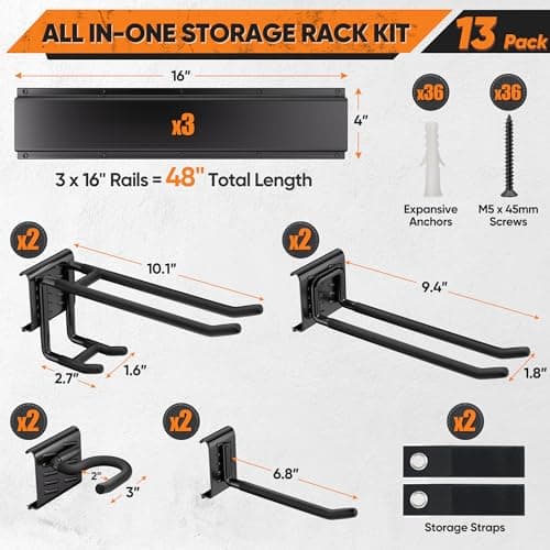 Garden Tool Organizer Wall Mount, 48 inches Tool Storage Rack with Adjustable Hooks, 600lbs Adjustable Heavy Duty Metal Hooks, Yard Shed Rack Holder System Hanging Rake Broom Mop, Father's day gifts - Thumbnail 2