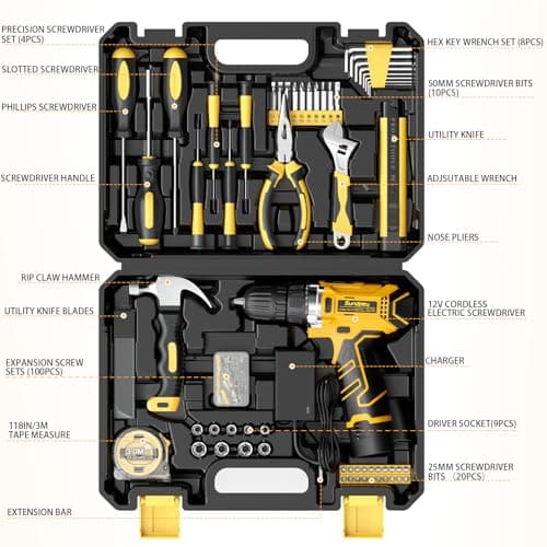 Sundpey Home Tool Kit with Drill - 166-Piece General Basic Home Repair Tool Set with 12V Cordless Power Drill & Battery & Charger & Portable Tool Box for Garden Office House Apartment Repair Men Women - Thumbnail 2