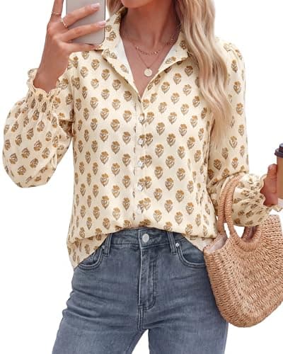 BTFBM Long Sleeve Blouses for Women, Floral V Neck Button Down Shirts, Smocked Cuffs, Business Casual Summer Outfits 2026(Floral Apricot Yellow, Medium) - Image 1