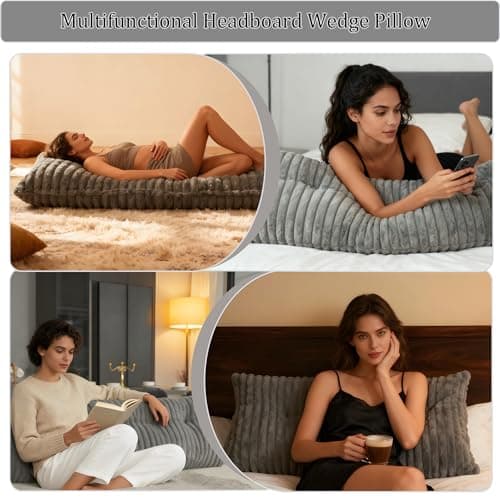 Headboard Pillow Twin, Triangular Wedge Pillow Headboard Faux Fur Backrest Pillows for Sitting in Bed,Reading or Working with 2 Pack Neck Bloster Pillows Removable Cover (Grey, Twin: 39x8x20 Inches) - Thumbnail 3