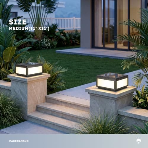 PAKEDANDUN Solar Pillar Lights 12X12, Waterproof Post Light Outdoor, Modern Column Lighting Dusk to Dawn with E26 Bulb, 3000K Large Solar Lantern Lamps for Fence Posts Columns Patio Garden Decoration - Thumbnail 6