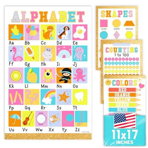 ABC Posters for Classroom Wall Decor - Learning Posters for Toddlers 1-3, Alphabet Poster for Toddlers, ABC Chart for Wall, 1-100 Number Chart Colors and Shapes, Pastel Laminated Educational Poster
