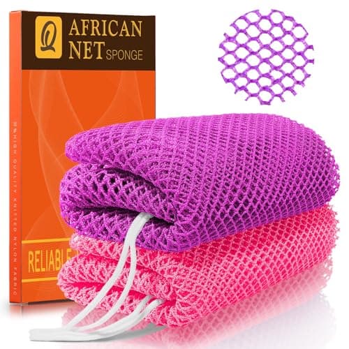 UJFQBH African Net Sponge 2-Pieces, Authentic Exfoliating Body Scrubber for Shower & Bath, Deep Cleansing Lather for Dead Skin Removal, Back Scrubber for Women & Men (Rose Red & Purple) - Image 1