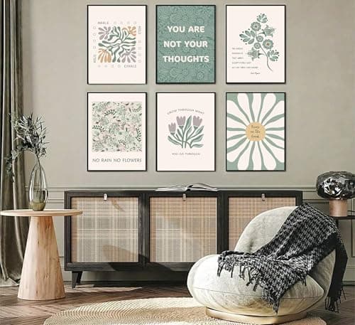 Wavkkey 6 Pcs Mental Health Wall Art Psychology Therapy Motivational Quotes Green abstract Boho floral Pictures Poster Wall Decor Canvas Print Artwork for Bedroom Office Home Decoration - Thumbnail 4