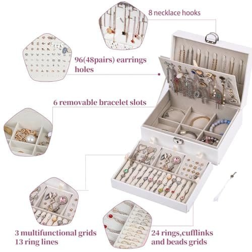 BOOVO Earring Jewelry Box For Women Girl Stud Organizer, 4 Layers Girl Jewelry Organizer Box With Lock Earring Holder Organizer Necklace Ring Jewelry Organizer Box For Girls (White, 4 layer) - Thumbnail 2