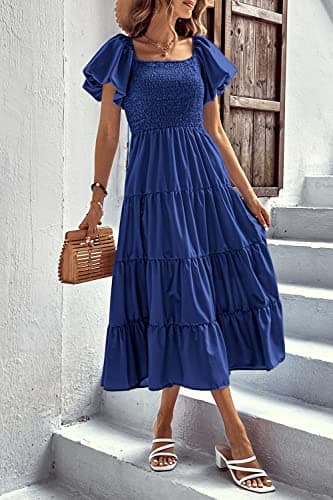 PRETTYGARDEN Women's Casual Summer Midi Dress Puffy Short Sleeve Square Neck Smocked Tiered Ruffle Dresses (Blue,X-Large) - Thumbnail 3