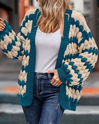 KIRUNDO Women's Cardigans Casual Long Sleeve Chunky Knit Color Block Striped Cardigan Open Front Cozy Sweater Coat Knit Outerwear Teacher Outfits(Denim Blue, Large) - Thumbnail 6