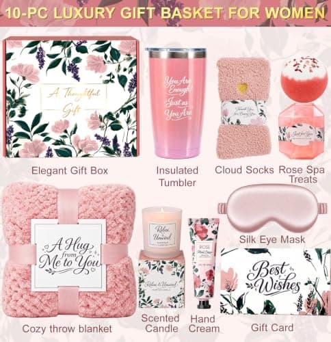 BodyRefresh 10-Piece Gift Basket for Women, Get Well Soon & Thinking of You Gifts for Her, Cozy Self Care Gift Set with Blanket, 20oz Tumbler, Socks, Candle, Bath Bomb for Mom Friend Sister - Thumbnail 2