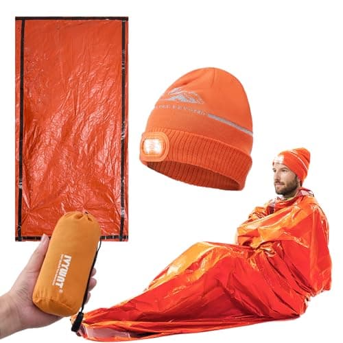IVYWNT Emergency Sleeping Bag & LED Beanie Hat Set, Waterproof Thermal Mylar Bivy Sack, Portable Survival Gear for Hiking, Camping, Bug-Out Bags & Emergency Kits, Orange - Image 1
