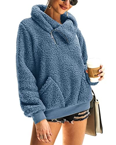 KIRUNDO Winter Clothing for Women Sherpa Pullover Fleece Zip Sweatshirt 2026 Fall Fashion Fuzzy Faux Shearling Warm Outwear(Large, Dark Blue) - Image 1