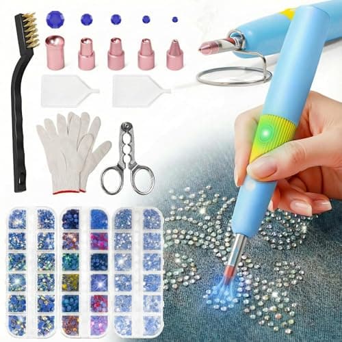 PP OPOUNT Hotfix Rhinestone Setter - Bedazzler Kit with Rhinestones for Clothes, Crafts, Shoes & T-Shirts, DIY Bedazzling Kit with 5 Different Tip Sizes, Stand, Glove, Cleaning Brush, Tray (Blue) - Image 1