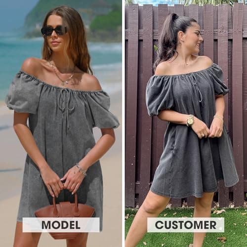 EXLURA Womens Summer Denim Short Puff Sleeve Dresses Knit Loose Plus Size Short Mini Dress 2026 Trendy Spring Outfits - Thumbnail 2