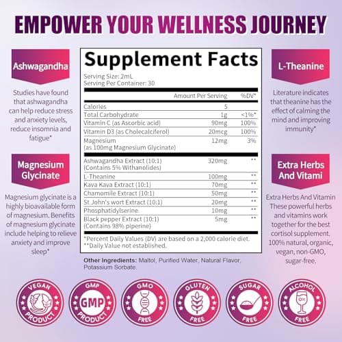 Lukaree Cortisol Supplements for Women, 10 in 1 Cortisol Reducer Detox with Ashwagandha, L-theanine, Kava Kava, Magnesium, Lower Cortisol, Mood, Focus, Sleep Support - 2 FL.OZ, Blueberry Flavor - Thumbnail 4
