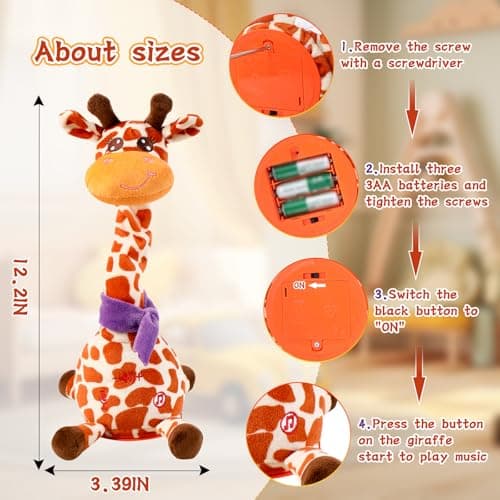 LUKETURE Musical Dancing Talking Giraffe Plush Toy, Yellow and White Spotted, Talking Baby Toy with Lights, 10 Songs and Voice Repeat, Soft Sensory Gift - Thumbnail 5