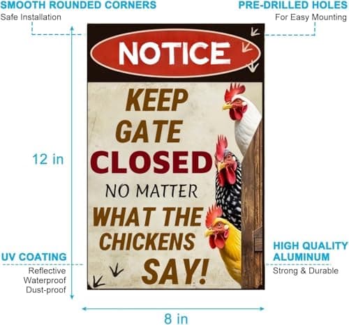 Carastora Keep Gate Closed Sign - Rustic Farm Metal Sign for Chicken Coop, Yard, Garden Fence or Outdoor Barn Decor, 12x8 Inch - Thumbnail 6