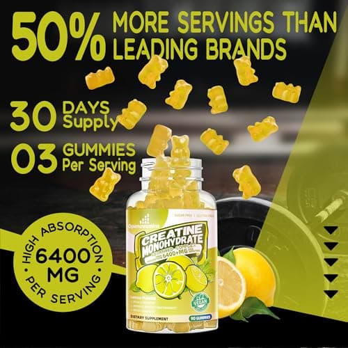 Creatine Monohydrate Gummies Complex for Men & Women -Advanced Formula W/L-Taurine + Vitamin B12, Sugar Free Chewable Supplement,90 Lemon Gummies - Thumbnail 6