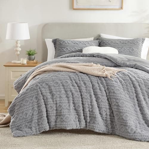 Homelike Moment Fluffy King Size Comforter Set, Grey Sherpa Fleece Marshmallow Comforter King Size, Luxury Fuzzy Warm Bed Set for Winter 3 Piece - Image 1