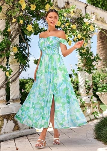 GRACE KARIN Summer Floral Dress for Women 2026,Off the Shoulder Smocked Bridesmaid Dresses,Formal Baby Shower Maxi Dresses Blue Green L - Thumbnail 4