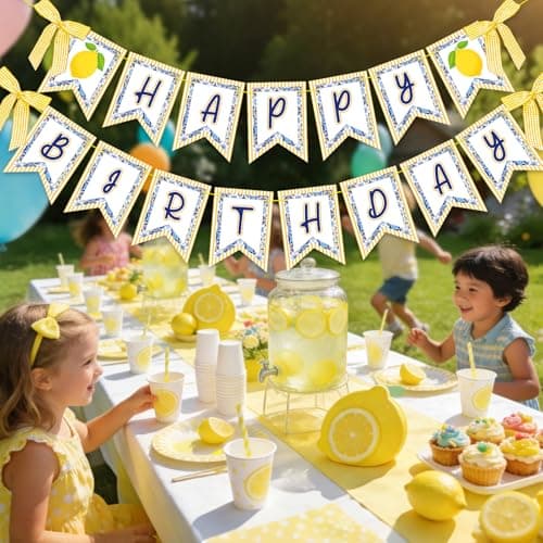 JarThenaAMCS 2 Pcs Lemon Happy Birthday Banner 3D Yellow Blue Chinoiserie Lemon Birthday Paper Banner with Ribbon Bow Pre-Assembled Hanging Garland for Summer Lemon Birthday Party Decoration - Thumbnail 5