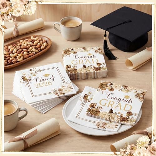 80 Pcs Boho Graduation Napkins, 6.5 Inch Boho Floral Congrats Grad Party Napkins Gold and White Class of 2026 Paper Napkin for High School College Graduation Party Decorations - Thumbnail 4
