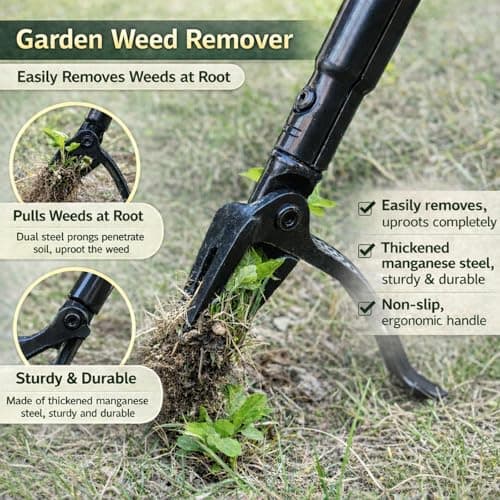 Vornilo All Black Stand Up Weed Puller 53 Inch Manual Weed Remover Tool Heavy Duty Metal Long Handle Root Removal Weeder with Reinforced Claw and Three Section Steel Shaft for Garden Lawn Yard Use - Thumbnail 2