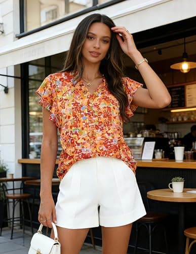 GRACE KARIN 2026 Boho Tops for Women Dressy Casual,Ruffle Sleeve Chiffon Blouses,V Neck Summer Fashion Clothes Orange S - Thumbnail 3