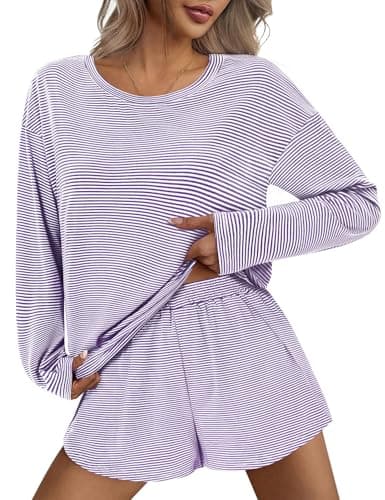 JUSTFASHIONNOW Womens Short Pajamas Set 2 Piece Lounge Set Women Stripe Print Short Sleeve Split Shorts Sets Casual Fall Shorts Sets Comfy Loungewear Outfits (Purple, XX-Large) - Thumbnail 2
